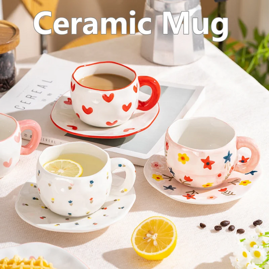 300ML Ceramic Mug Flower Heart Pattern Cute Hand Pinched Irregular Creative Style Coffee Cup Breakfast Milk Afternoon Tea Cups