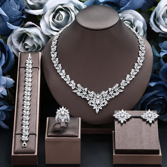 2024 Popular 4-piece Bridal Wedding Jewelry Set Women's Wedding Accessories Water Droplet Jewelry Set Necklace and Earring Set